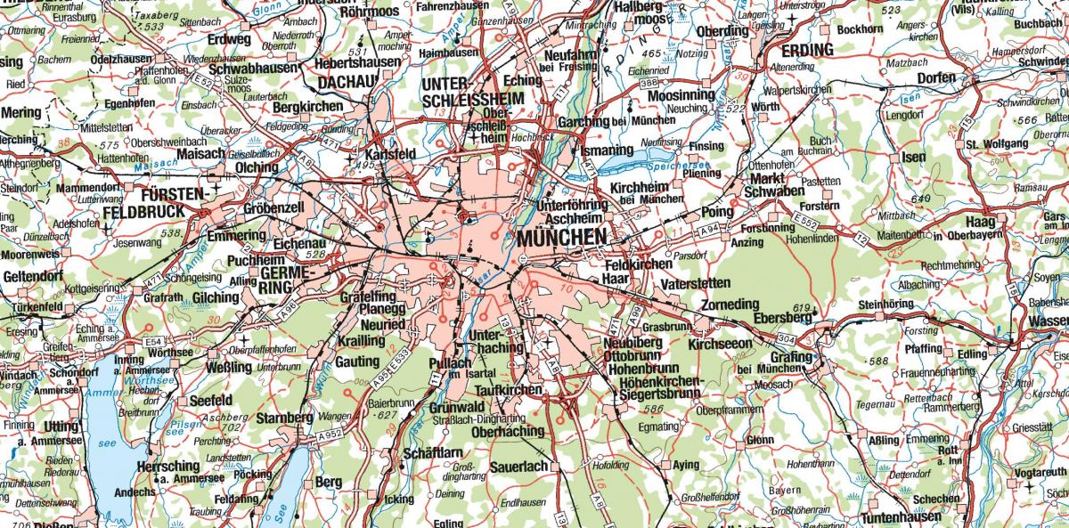 Mapa de múnich y ciudades de los alrededores